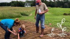 A multigenerational American family plants seeds in the ground.