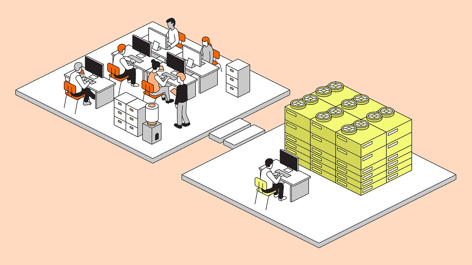 Isometric illustration of two office spaces connected by steps, one busy with several workers and the other showing a single worker beside towering stacks of yellow filing boxes.