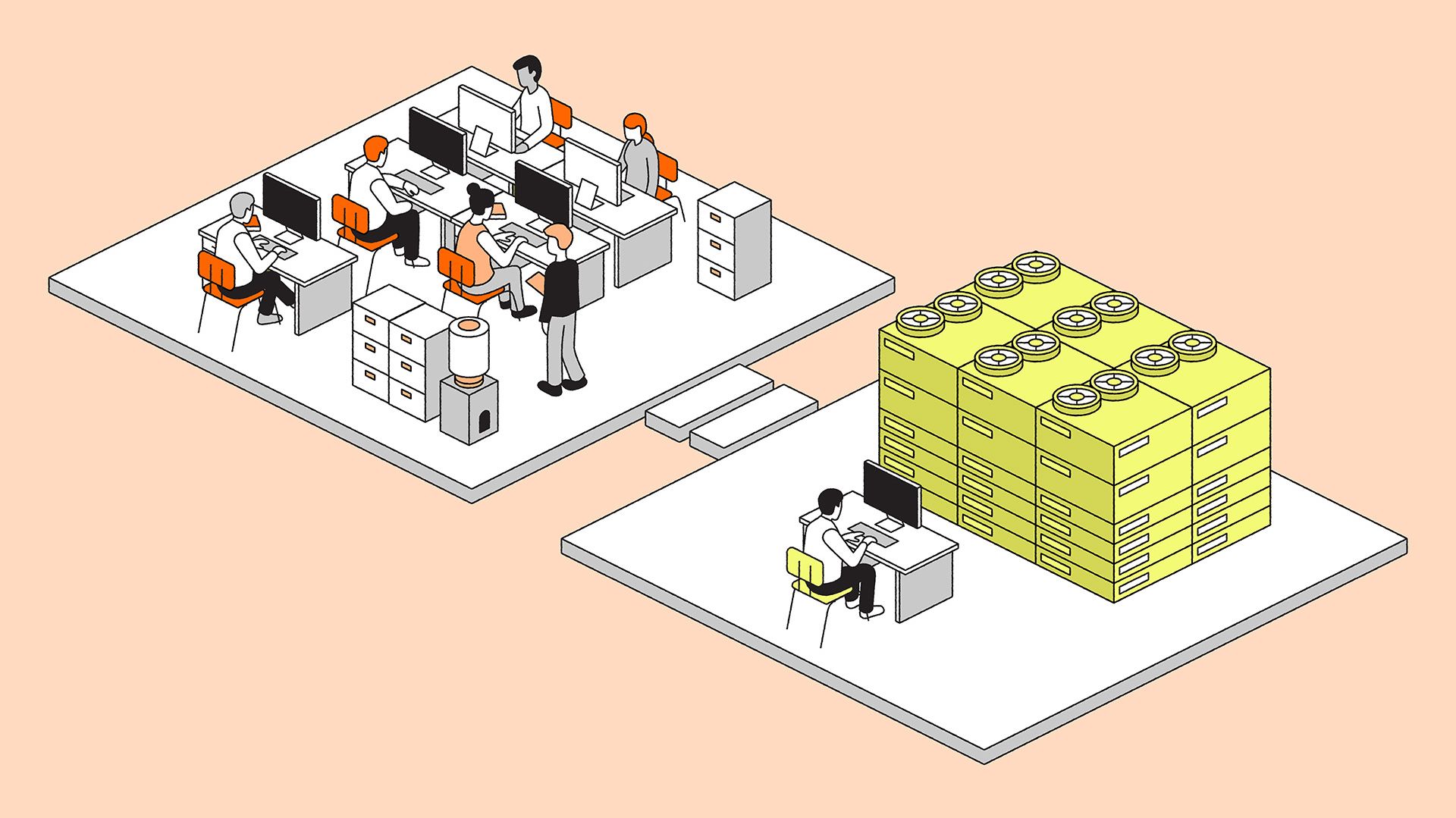 Isometric illustration of two office spaces connected by steps, one busy with several workers and the other showing a single worker beside towering stacks of yellow filing boxes.