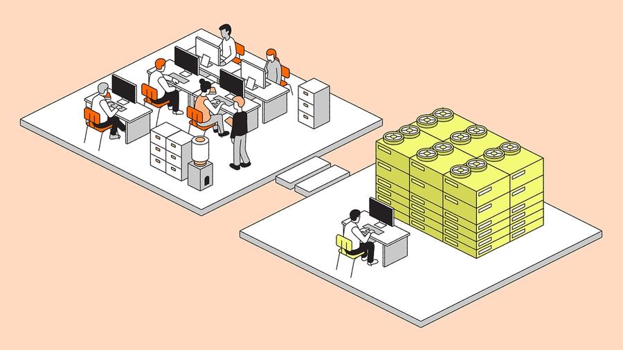 Isometric illustration of two office spaces connected by steps, one busy with several workers and the other showing a single worker beside towering stacks of yellow filing boxes.