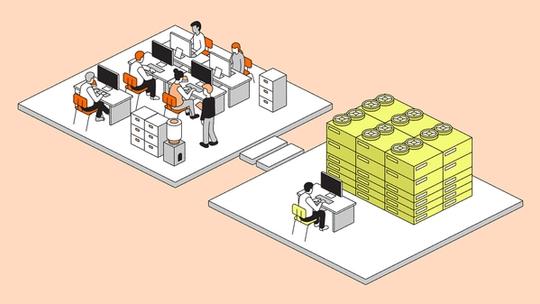 Isometric illustration of two office spaces connected by steps, one busy with several workers and the other showing a single worker beside towering stacks of yellow filing boxes.