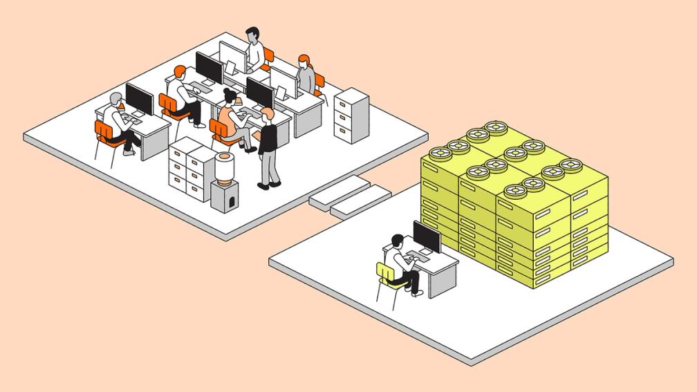 Isometric illustration of two office spaces connected by steps, one busy with several workers and the other showing a single worker beside towering stacks of yellow filing boxes.