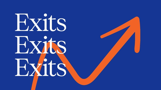White text repeating the word "Exits" three times on a blue background, with an orange upward arrow graphic.