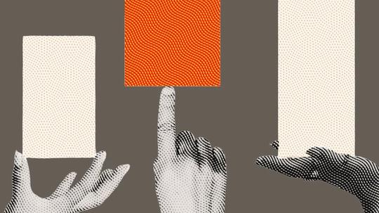 Four illustrated hands holding up rectangular cards, with one red patterned card standing out among three beige ones.