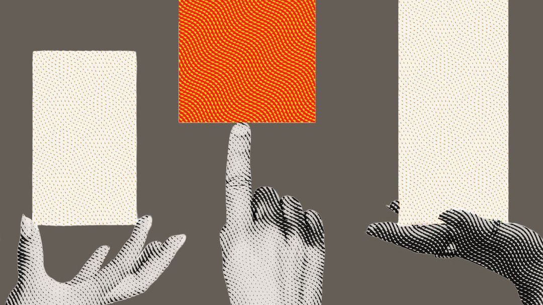 Four illustrated hands holding up rectangular cards, with one red patterned card standing out among three beige ones.