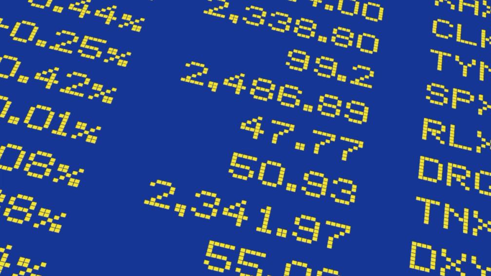 Close-up of digital yellow numbers and percentages on a blue background, resembling a stock market display board.