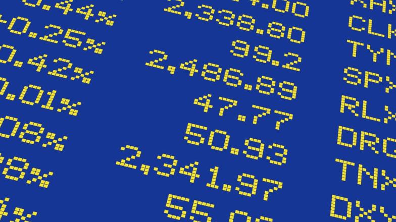 Close-up of digital yellow numbers and percentages on a blue background, resembling a stock market display board.