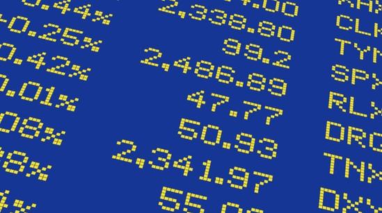 Close-up of digital yellow numbers and percentages on a blue background, resembling a stock market display board.