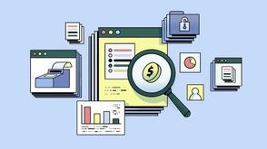 An illustration of financial documents, charts, and folders with a magnifying glass focusing on a dollar coin, symbolizing financial analysis and data review.