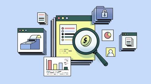 An illustration of financial documents, charts, and folders with a magnifying glass focusing on a dollar coin, symbolizing financial analysis and data review.