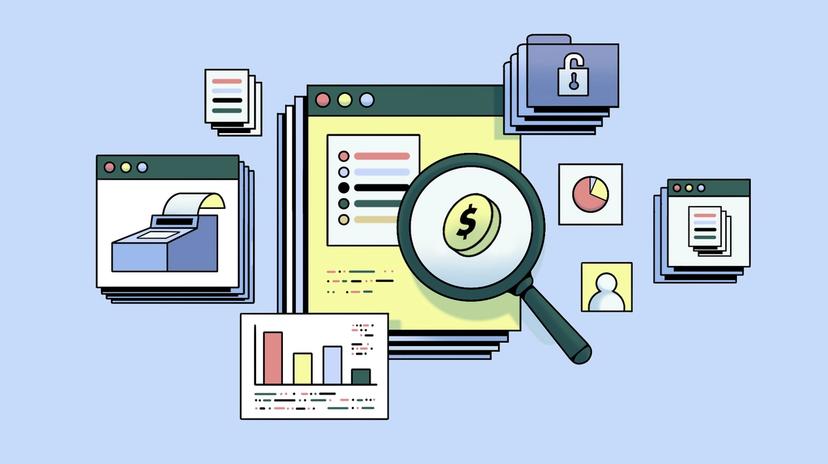 An illustration of financial documents, charts, and folders with a magnifying glass focusing on a dollar coin, symbolizing financial analysis and data review.