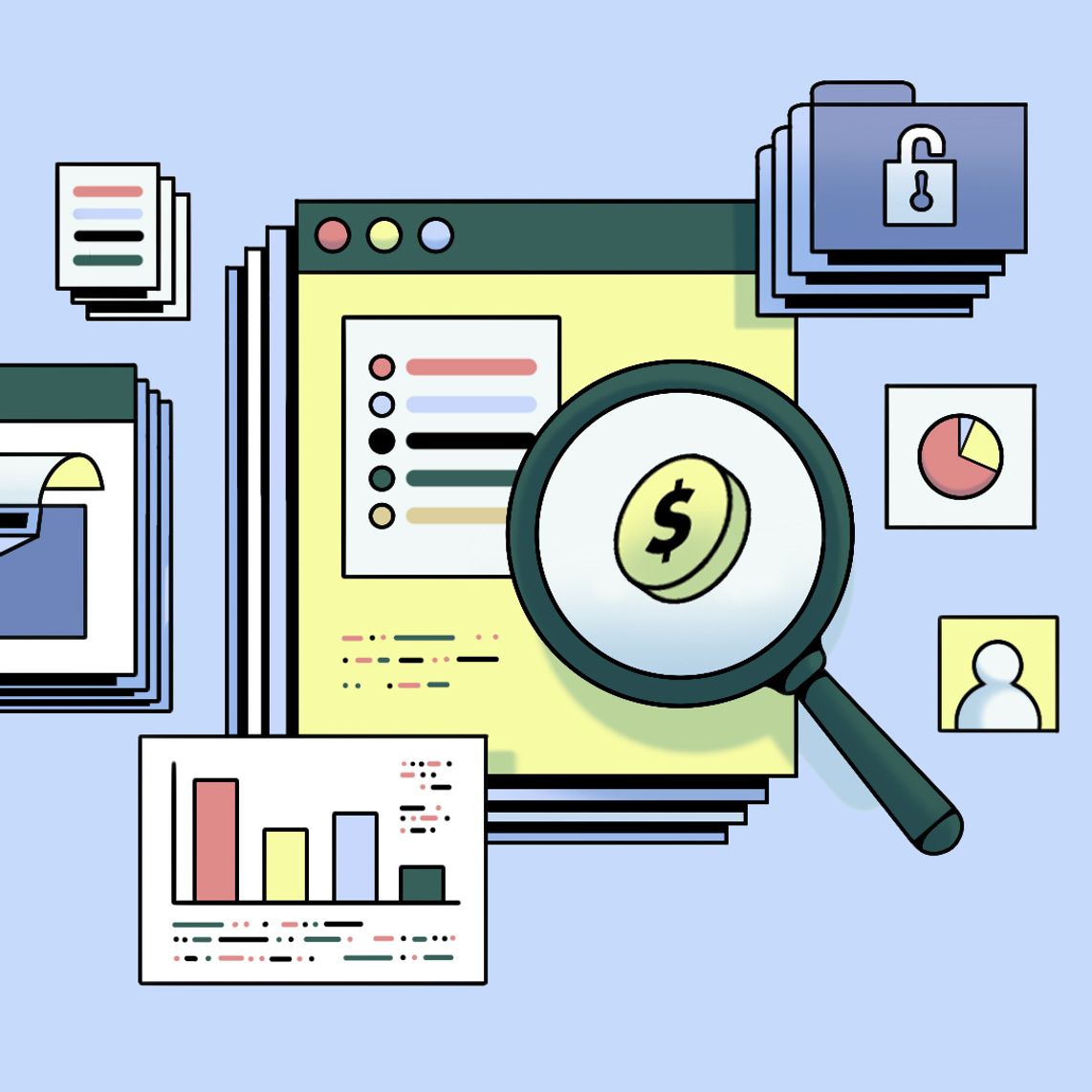 An illustration of financial documents, charts, and folders with a magnifying glass focusing on a dollar coin, symbolizing financial analysis and data review.