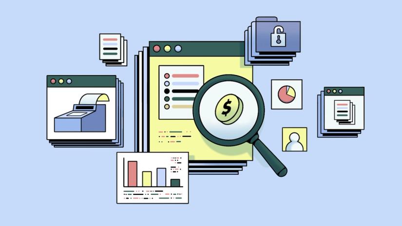 An illustration of financial documents, charts, and folders with a magnifying glass focusing on a dollar coin, symbolizing financial analysis and data review.