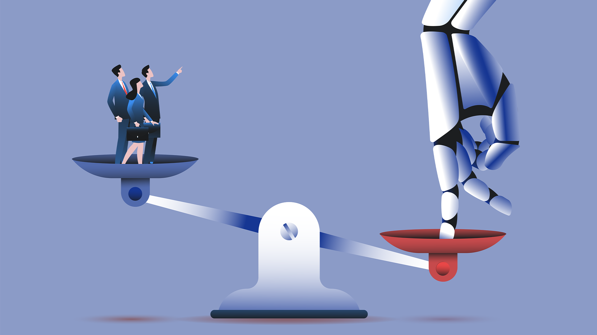 A stylised image showing a robot hand pushing down on a set of scales