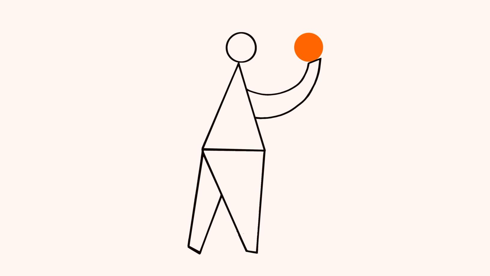 Minimalist line drawing of a single figure holding an orange ball.