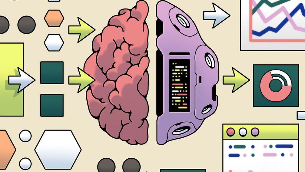 An illustration of a brain and a computer chip in the center, with colorful shapes and arrows representing data being processed into charts, graphs, and code on computer screens.