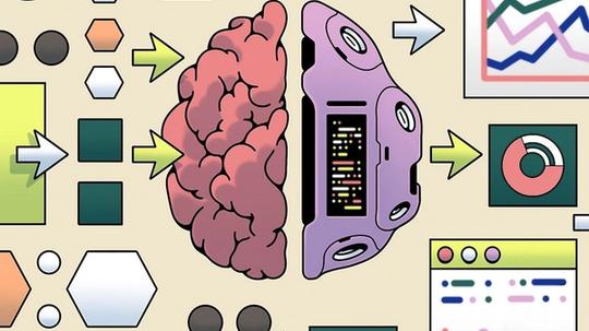 An illustration of a brain and a computer chip in the center, with colorful shapes and arrows representing data being processed into charts, graphs, and code on computer screens.