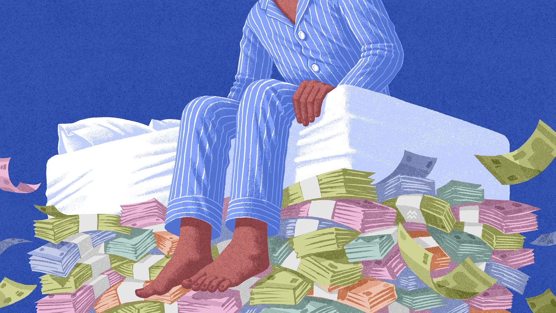 Illustration of a person in blue striped pajamas sitting on a bed surrounded by large piles of colorful banknotes.
