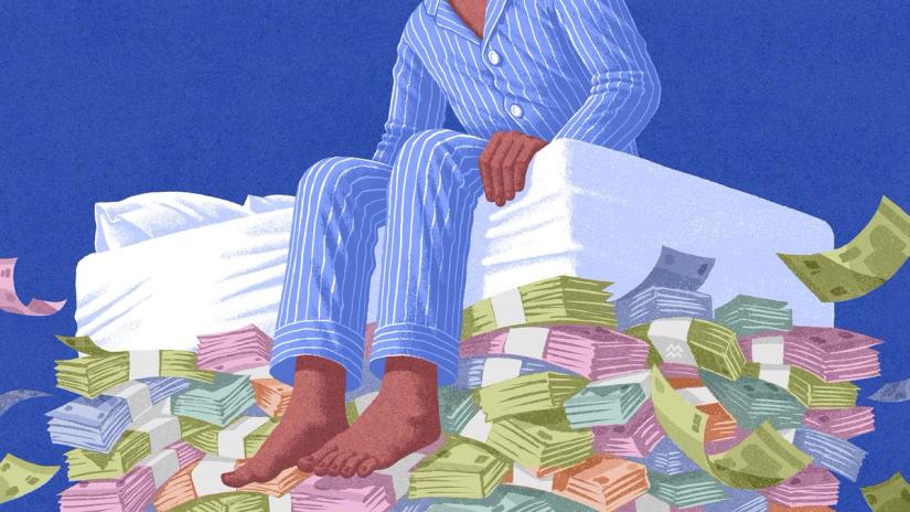 Illustration of a person in blue striped pajamas sitting on a bed surrounded by large piles of colorful banknotes.