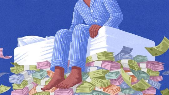 Illustration of a person in blue striped pajamas sitting on a bed surrounded by large piles of colorful banknotes.