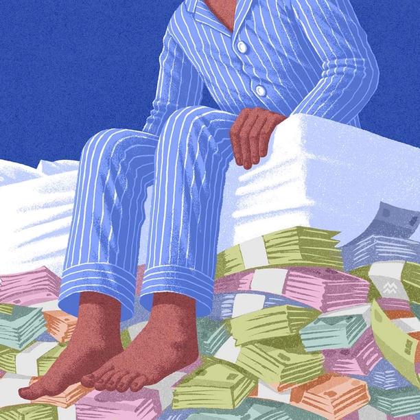 Illustration of a person in blue striped pajamas sitting on a bed surrounded by large piles of colorful banknotes.