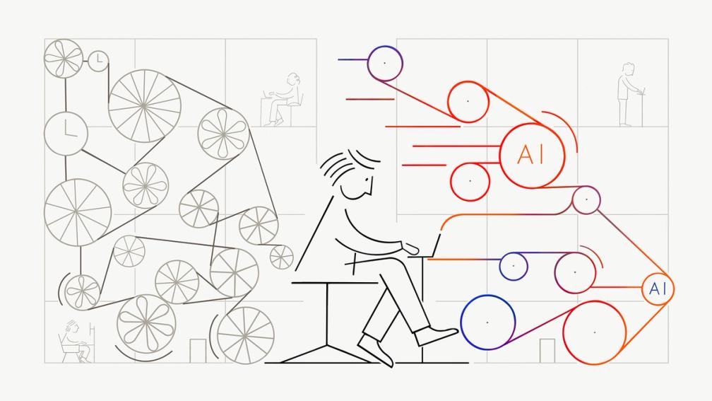 Line illustration showing a person at a desk working on a laptop, connected to a web of colorful circles labeled AI, symbolizing artificial intelligence systems and automation.