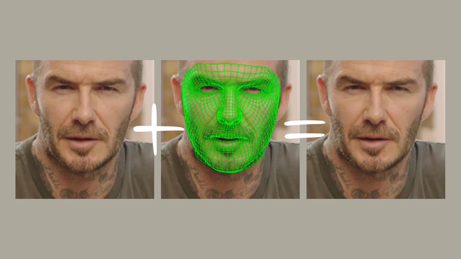 A green computer grid covers a man's face.