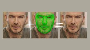 A green computer grid covers a man's face.
