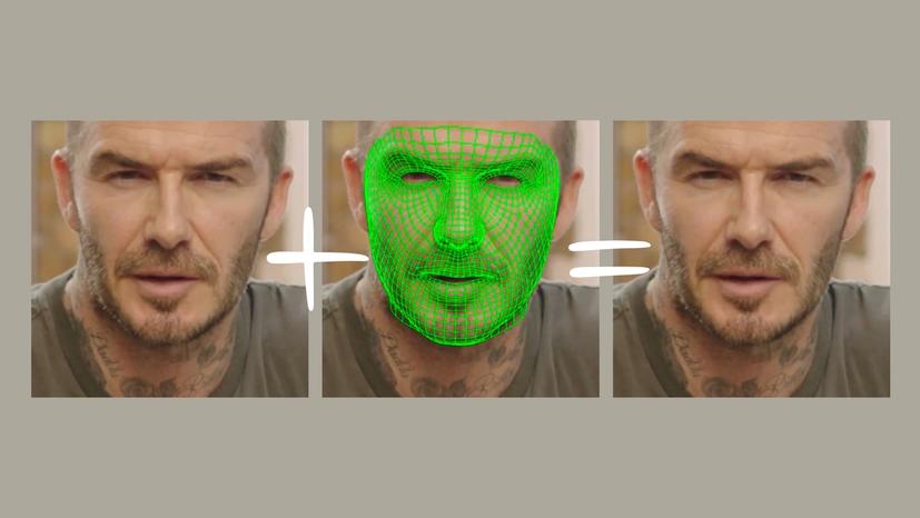 A green computer grid covers a man's face.