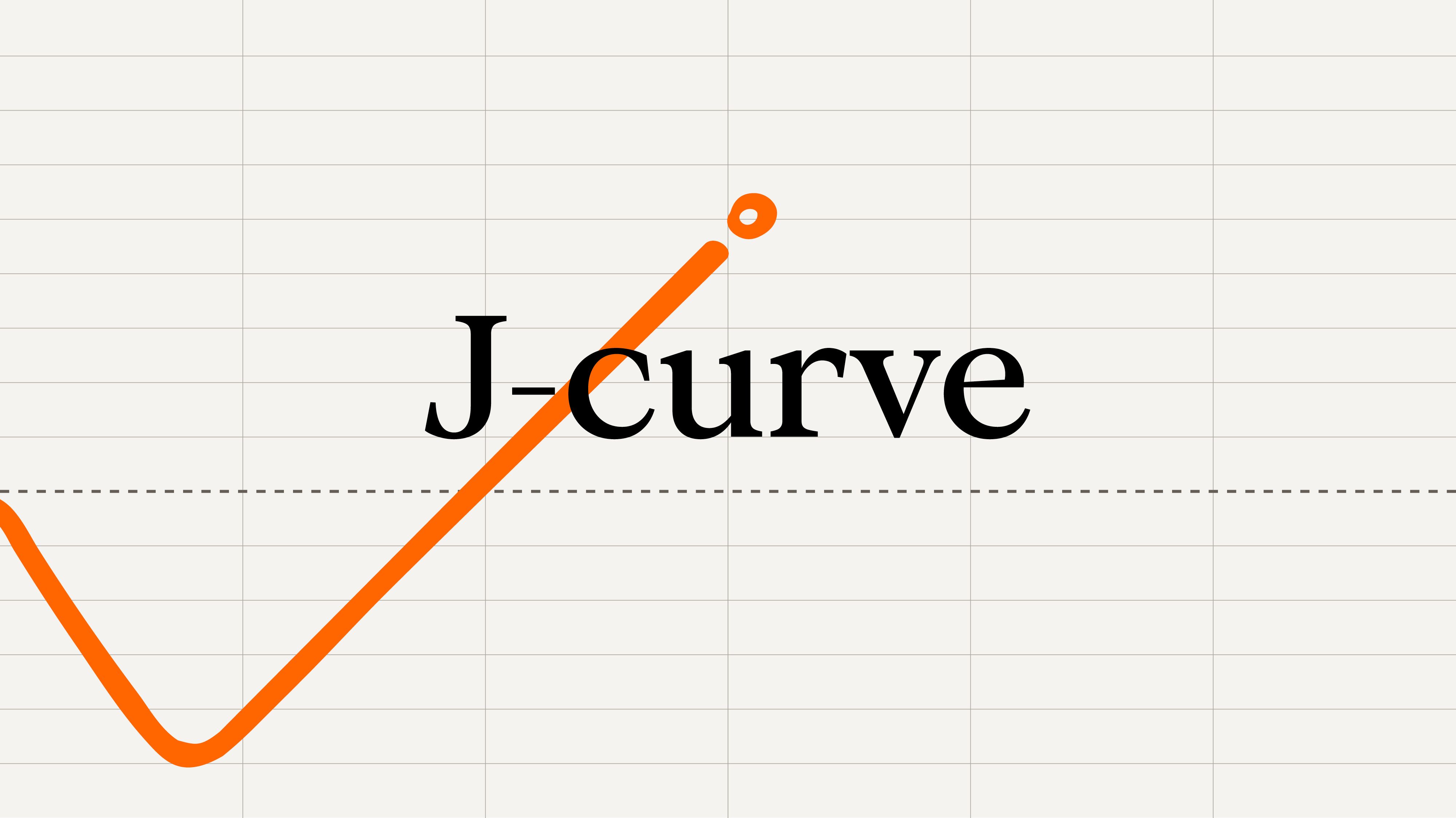 Orange upward tick with J-curve behind it.