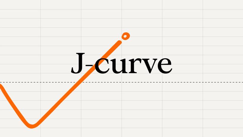 Orange upward tick with J-curve behind it.