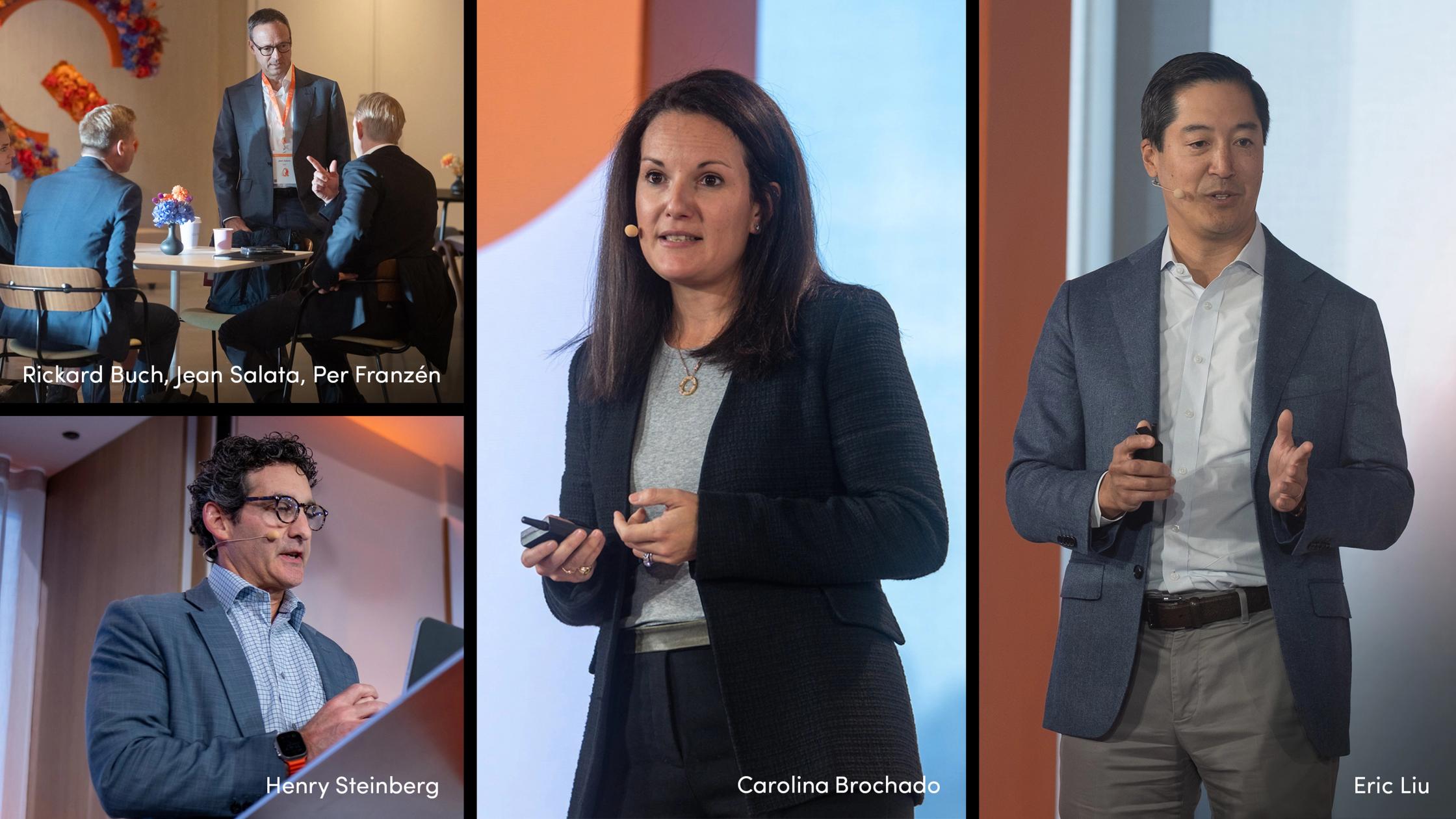 Collage of speakers and attendees at a business or conference event, showing people presenting on stage and networking at small tables.