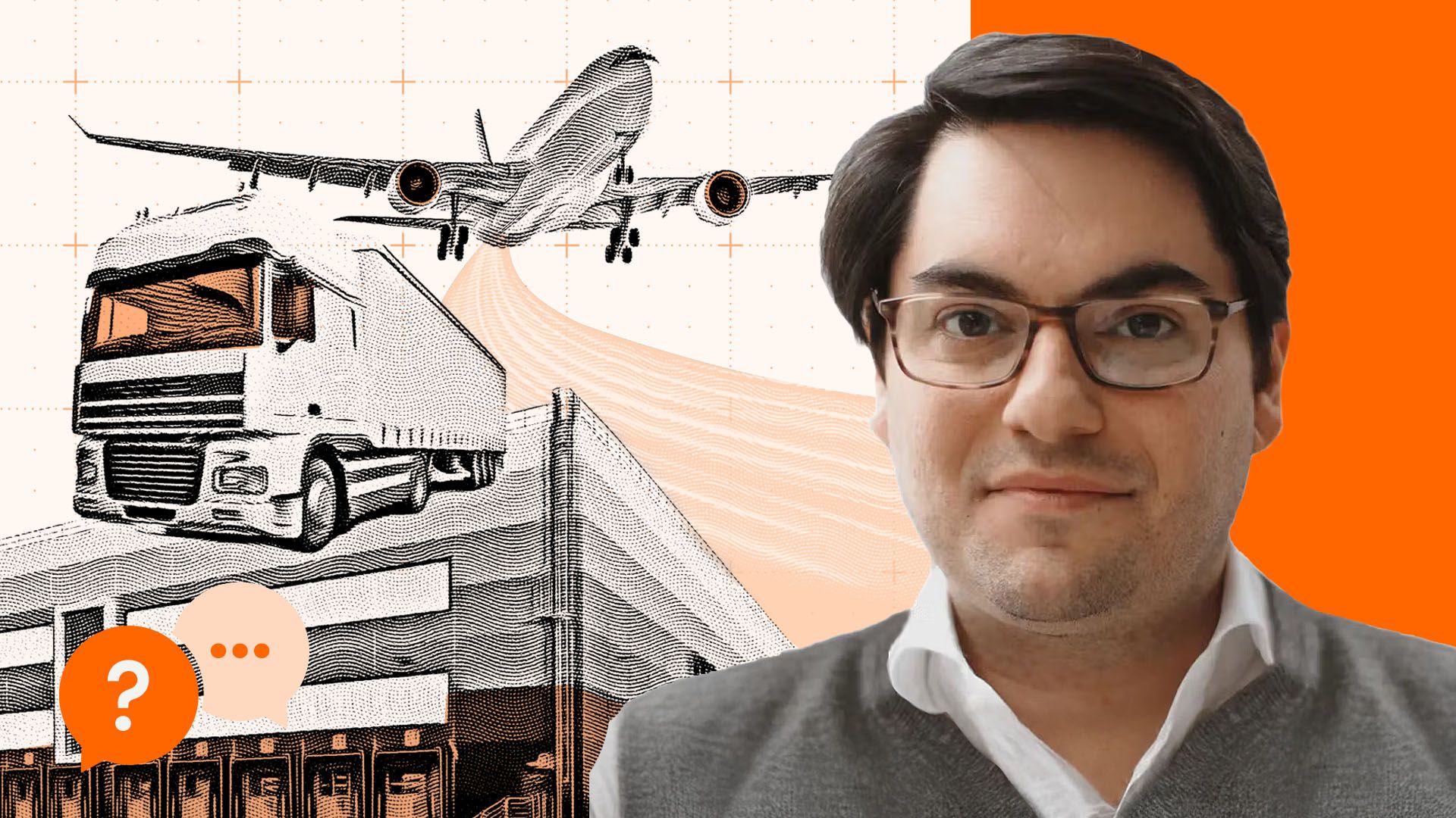 Halftone illustration of a cargo plane, truck, and shipping containers beside a portrait of a man in glasses, with speech‑bubble icons in the corner.