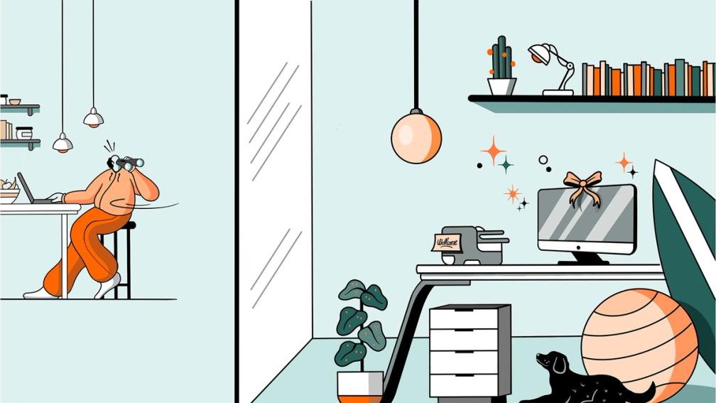An office scene, with a desk laden with top-notch equipment. 