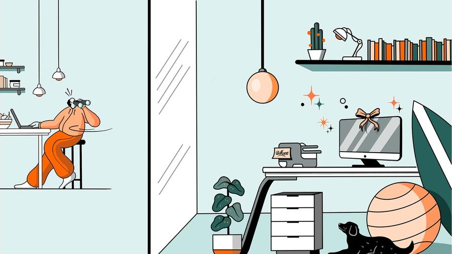 An office scene, with a desk laden with top-notch equipment.