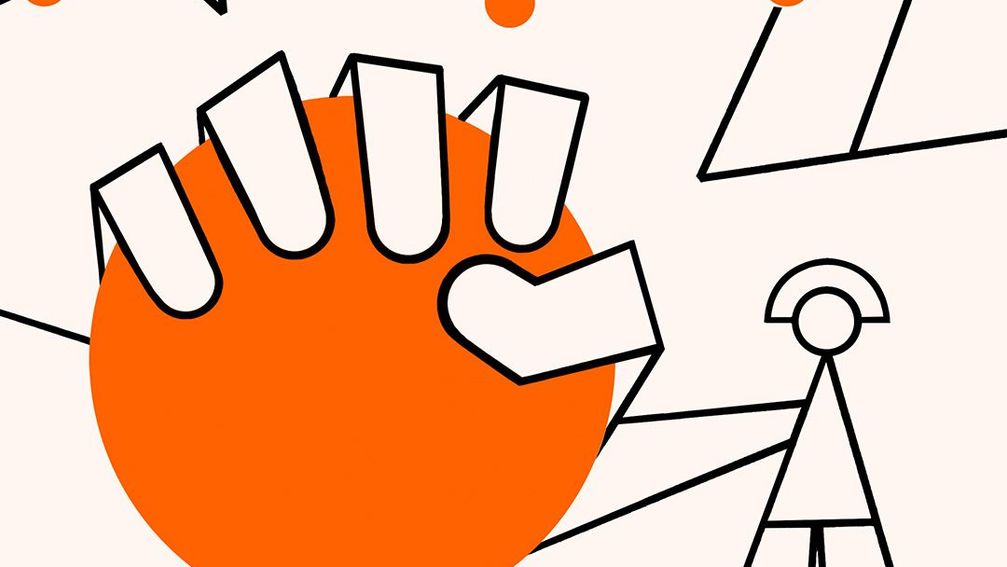 Abstract illustration of a hand and a person connected within a network of orange dots and lines.