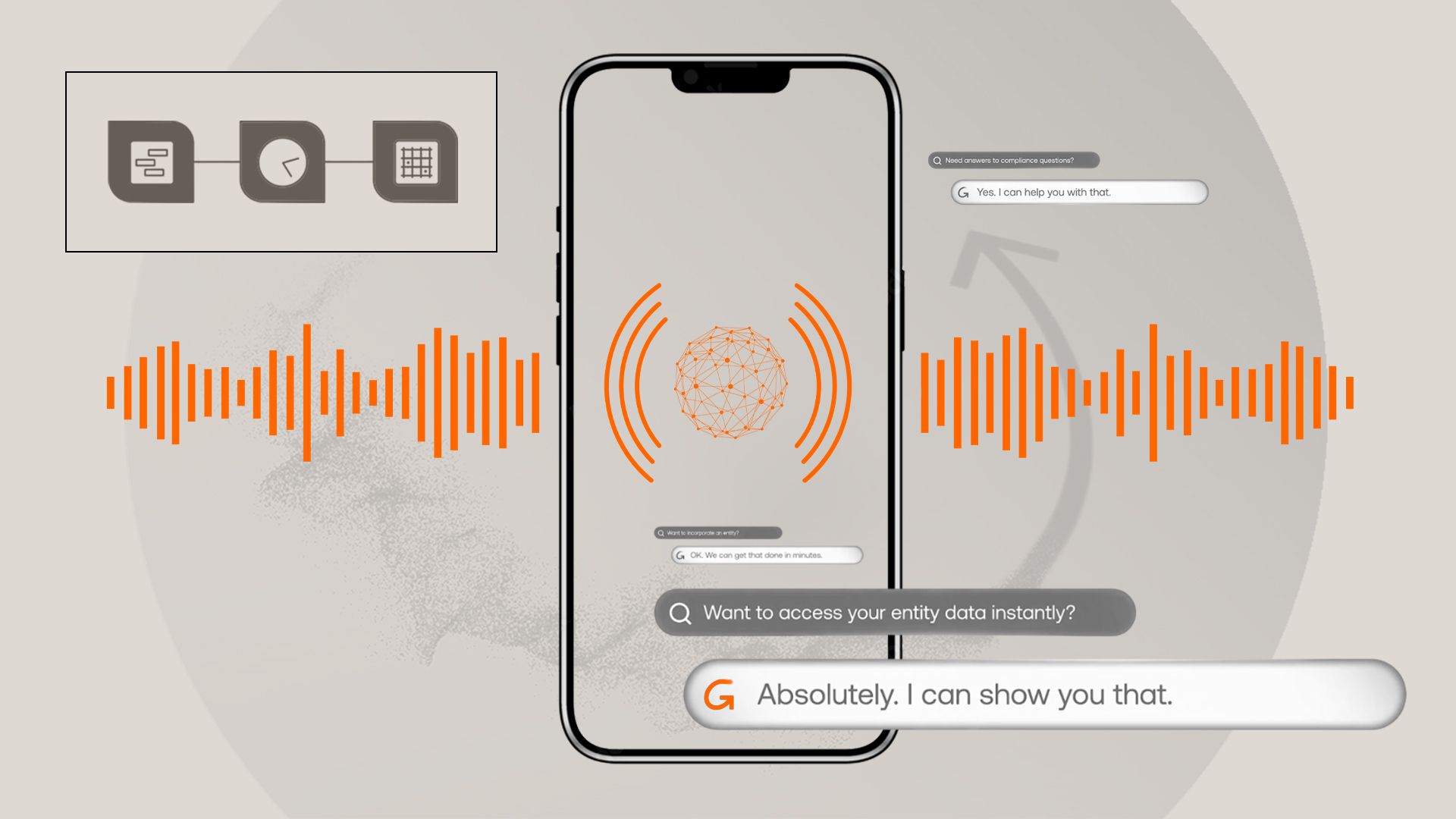 Smartphone with orange sound waves and a digital sphere, surrounded by icons and chat-style messages about accessing data and compliance answers.