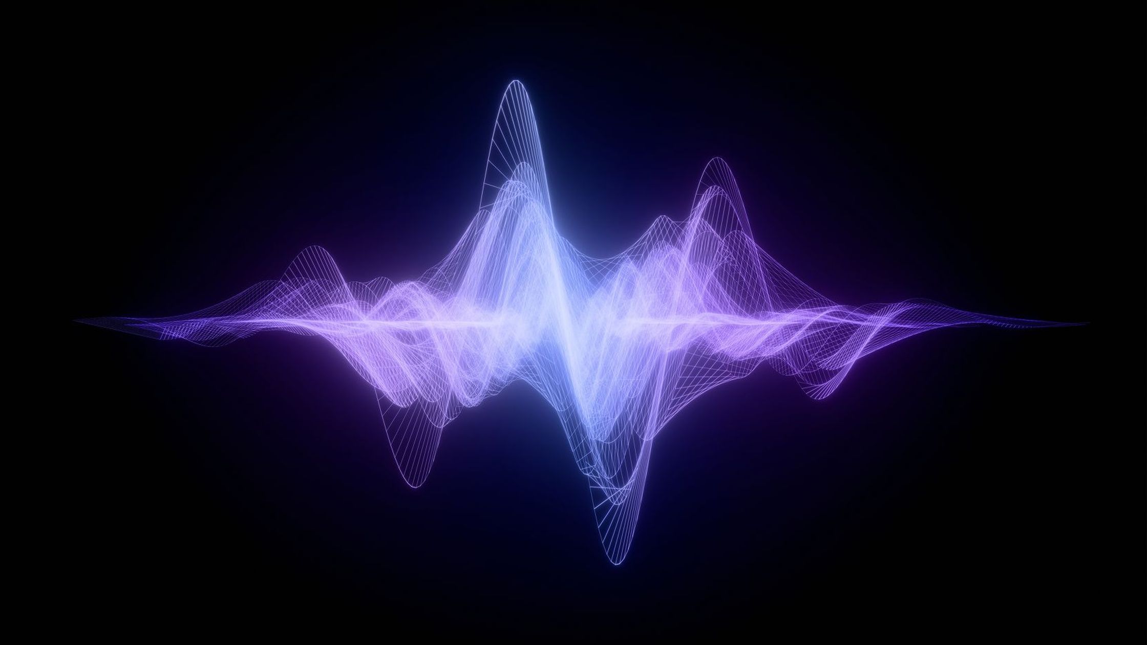 Abstract glowing waveform made of purple and blue lines floating on a dark background.