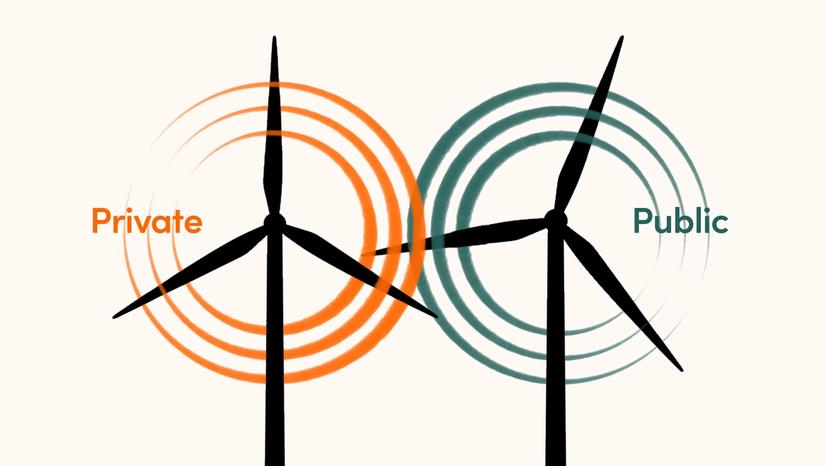 Wind turbines labeled private and public spin together.