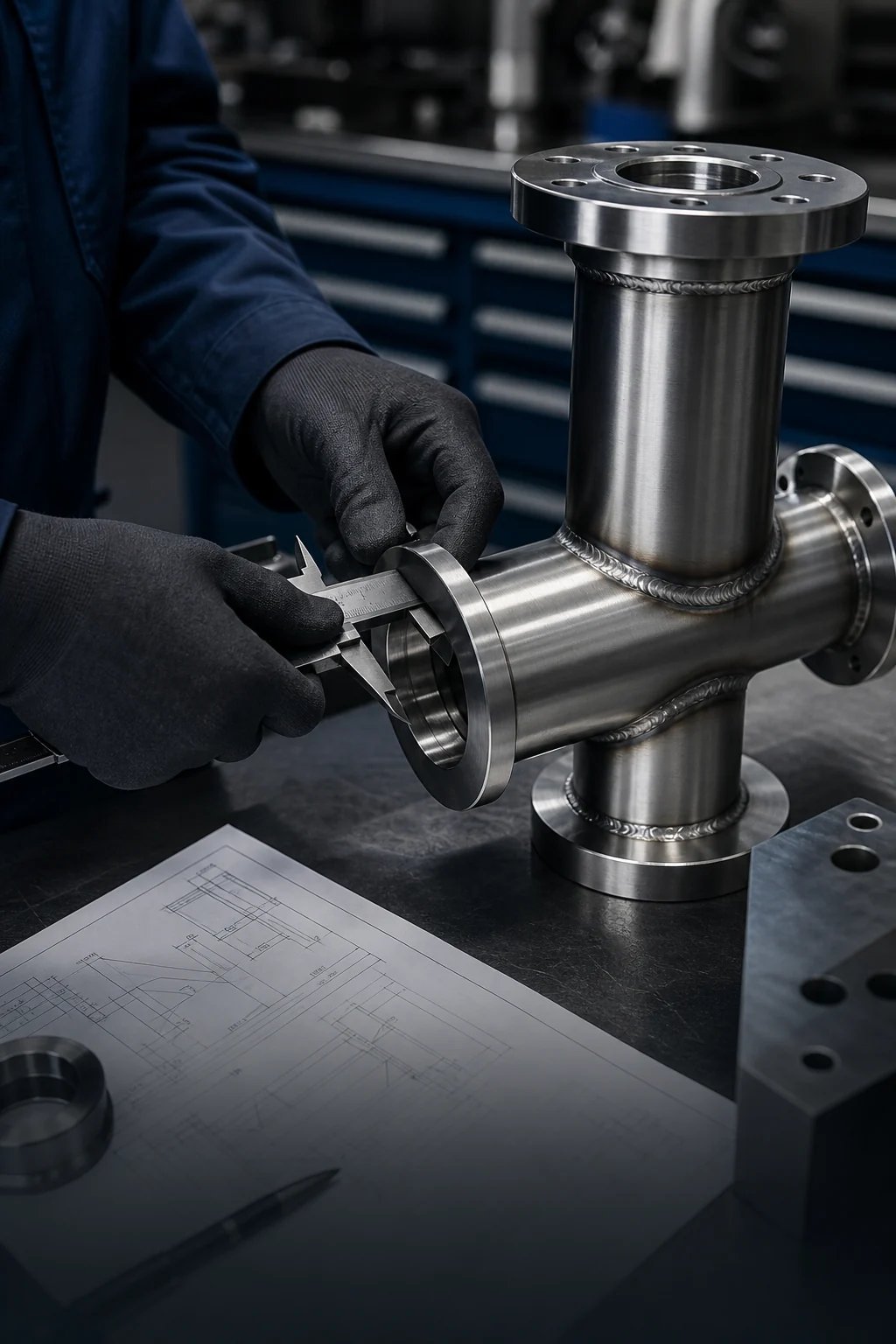 Inspección dimensional de un conjunto industrial de acero inoxidable