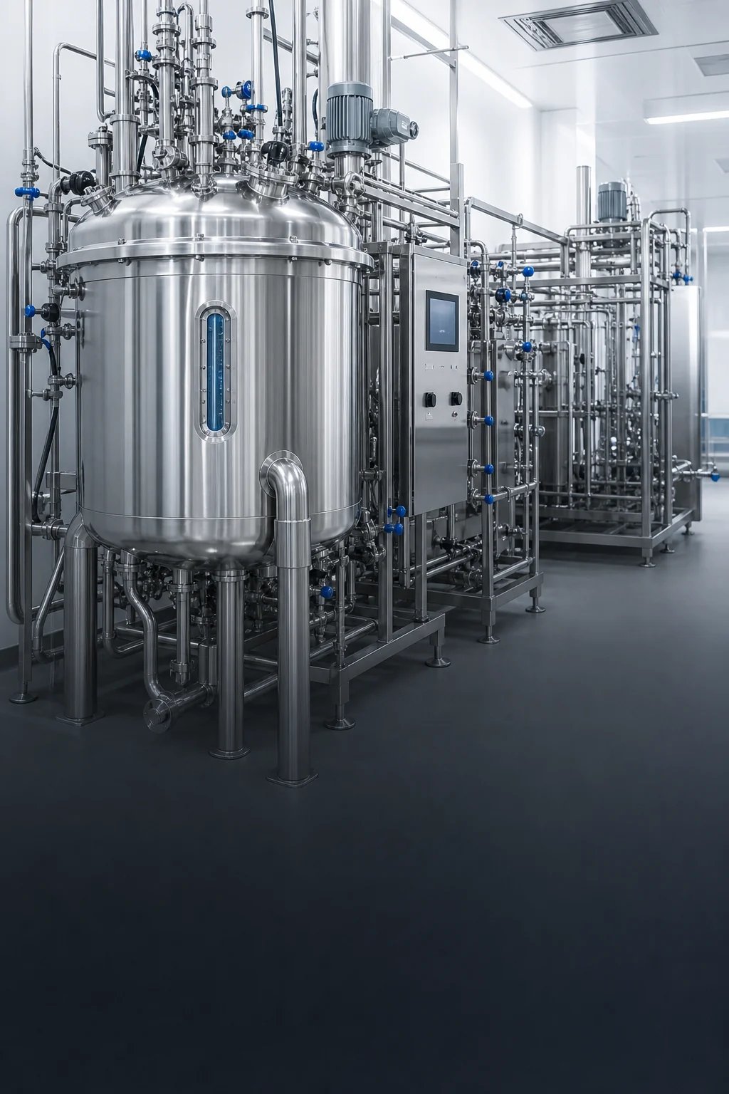 Instalación farmacéutica con depósitos y tuberías de acero inoxidable
