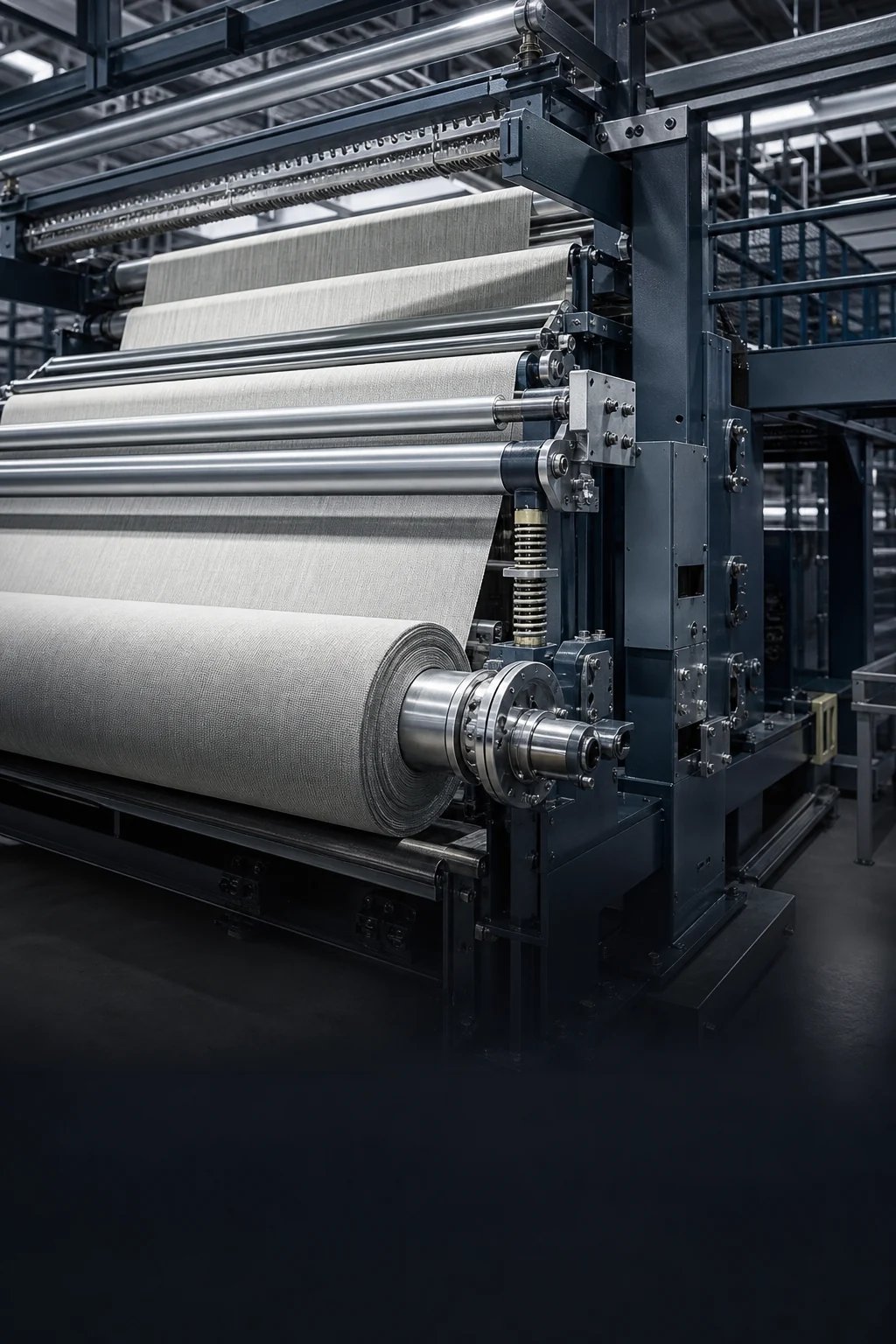 Maquinaria textil industrial con rodillos y bastidores metálicos