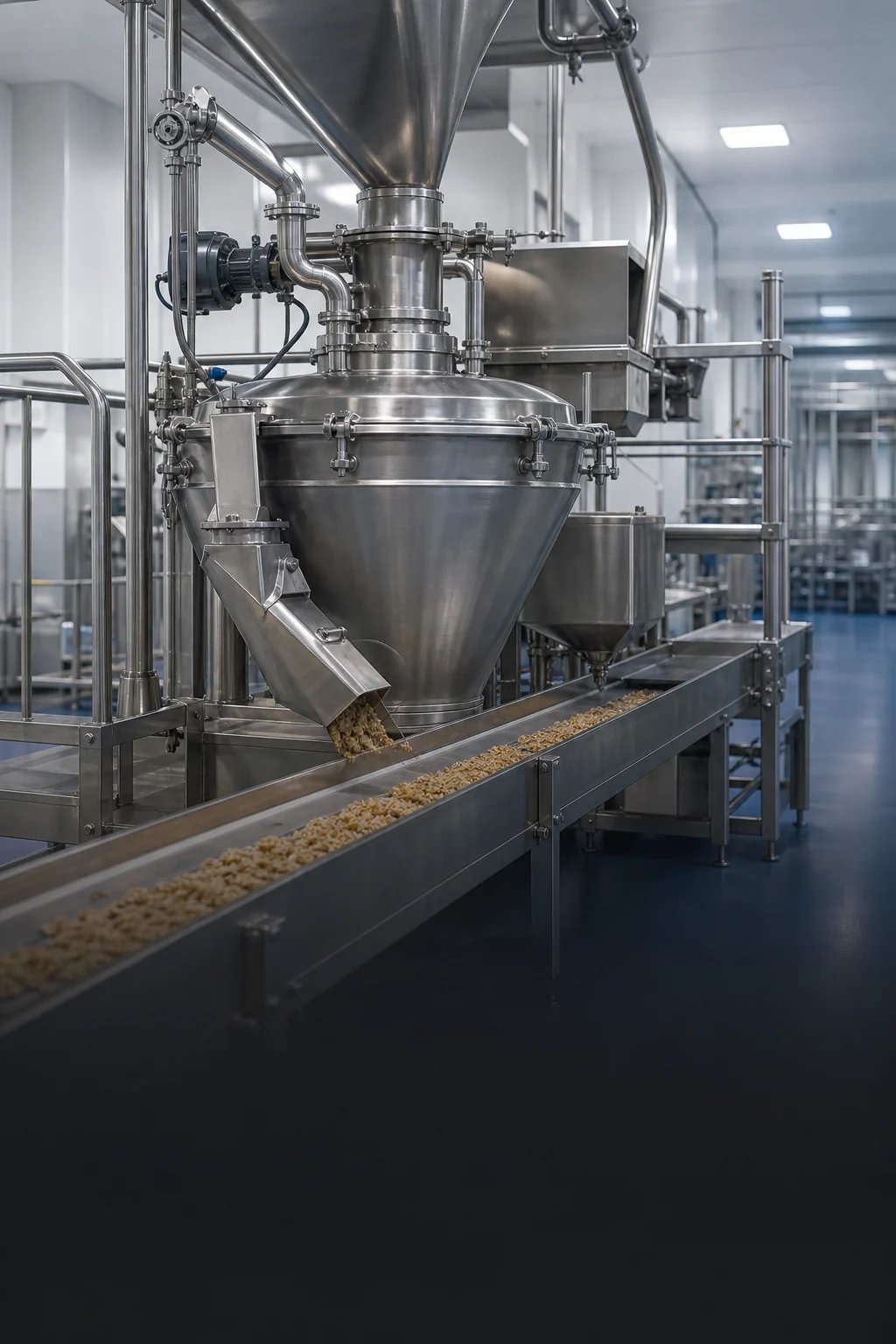 Línea de procesado alimentario con tolva y transportador de acero inoxidable
