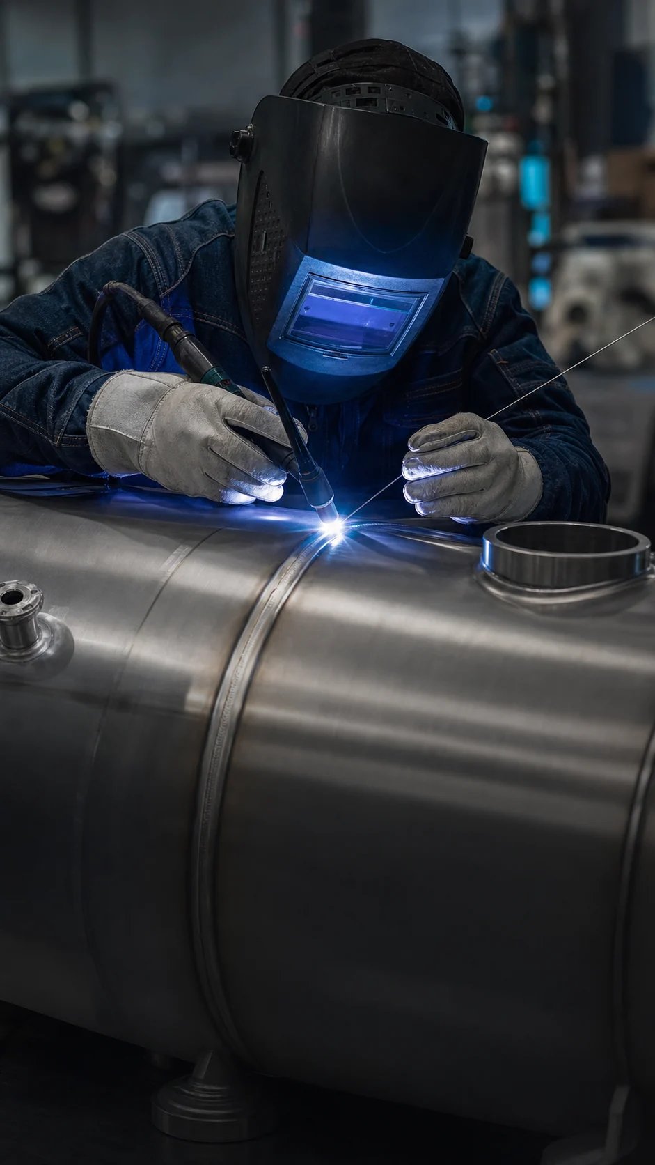 Proceso de soldadura sobre un depósito industrial de acero inoxidable