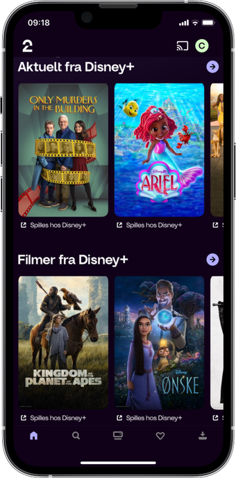 Skjermbilde av innhold fra Disney+ i TV 2 Play-appen.