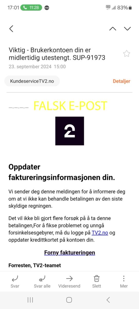 Skjermbilde av falsk e-post