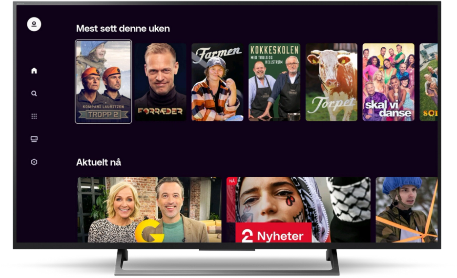 TV-skjerm som viser TV 2 Play-appen.