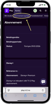 Skjermbilde av mobil som viser Konto-sidene.