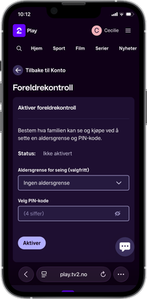 Skjermbilde av hvor du kan aktivere foreldrekontroll