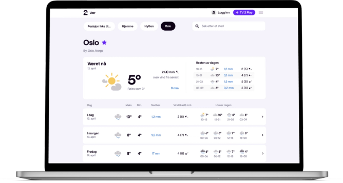 Skjermbilde av nettsiden til TV 2 Vær